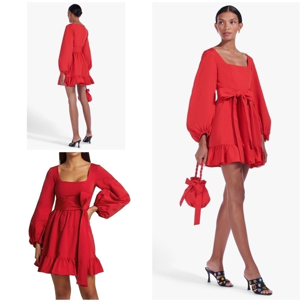 NWT STAUD Seth Red Flounce Sleeves Romantic Cottagecore Ruffle  Cocktail Dress 8
